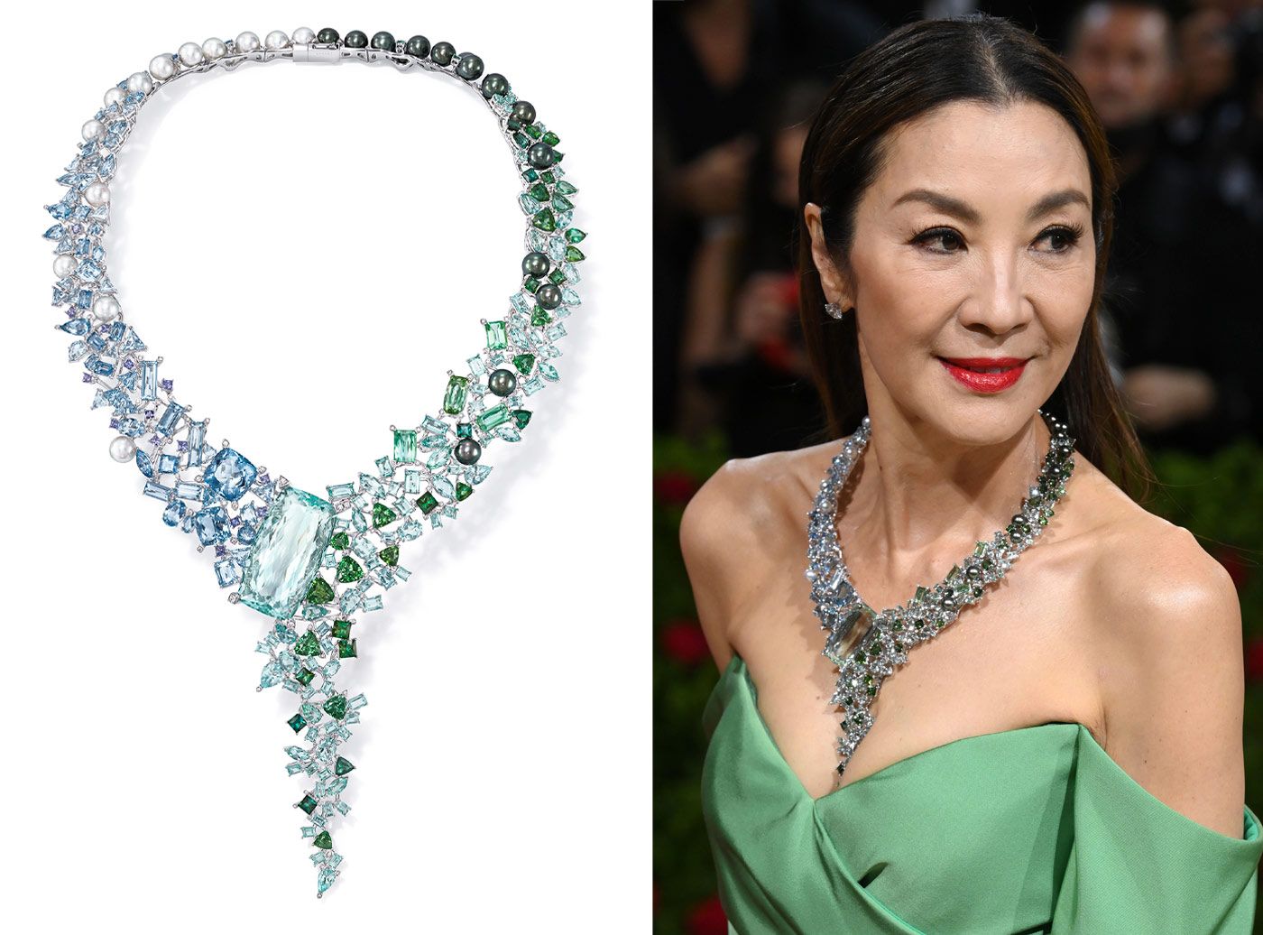  Michelle Yeoh in the TASAKI Forest Valley necklace set with Akoya pearls, black South Sea pearls, diamonds, sapphires, tourmaline, beryl and aquamarine in platinum at the Met Gala 2022