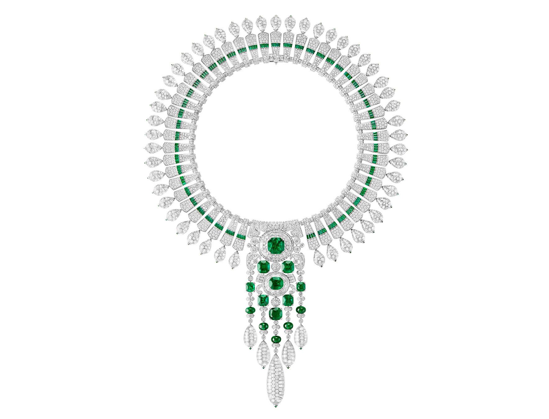 Boucheron New Maharajas High Jewellery necklace in emeralds and diamonds with a detachable front piece that converts into a brooch