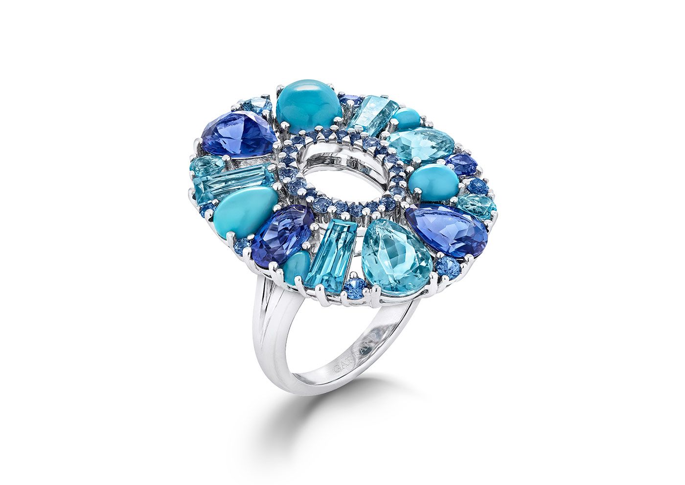 Garrard Blaze ring with blue sapphire, tanzanite, aquamarine, blue topaz and turquoise in 18k white gold