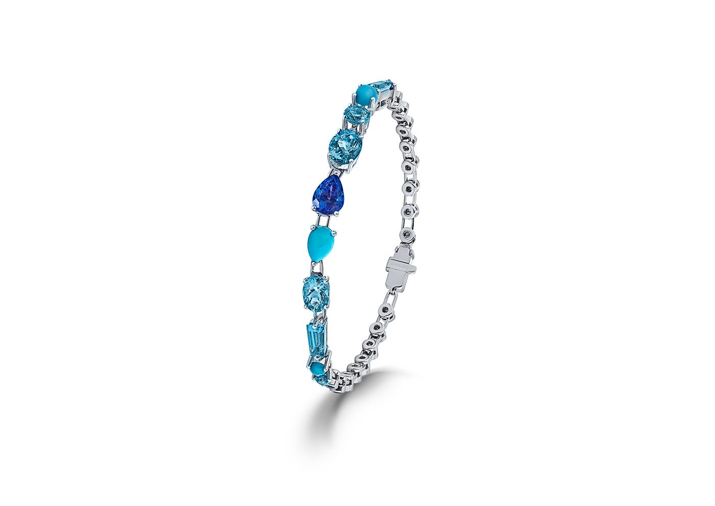  Garrard Blaze bracelet with blue sapphire, tanzanite, aquamarine, blue topaz and turquoise set in 18k white gold