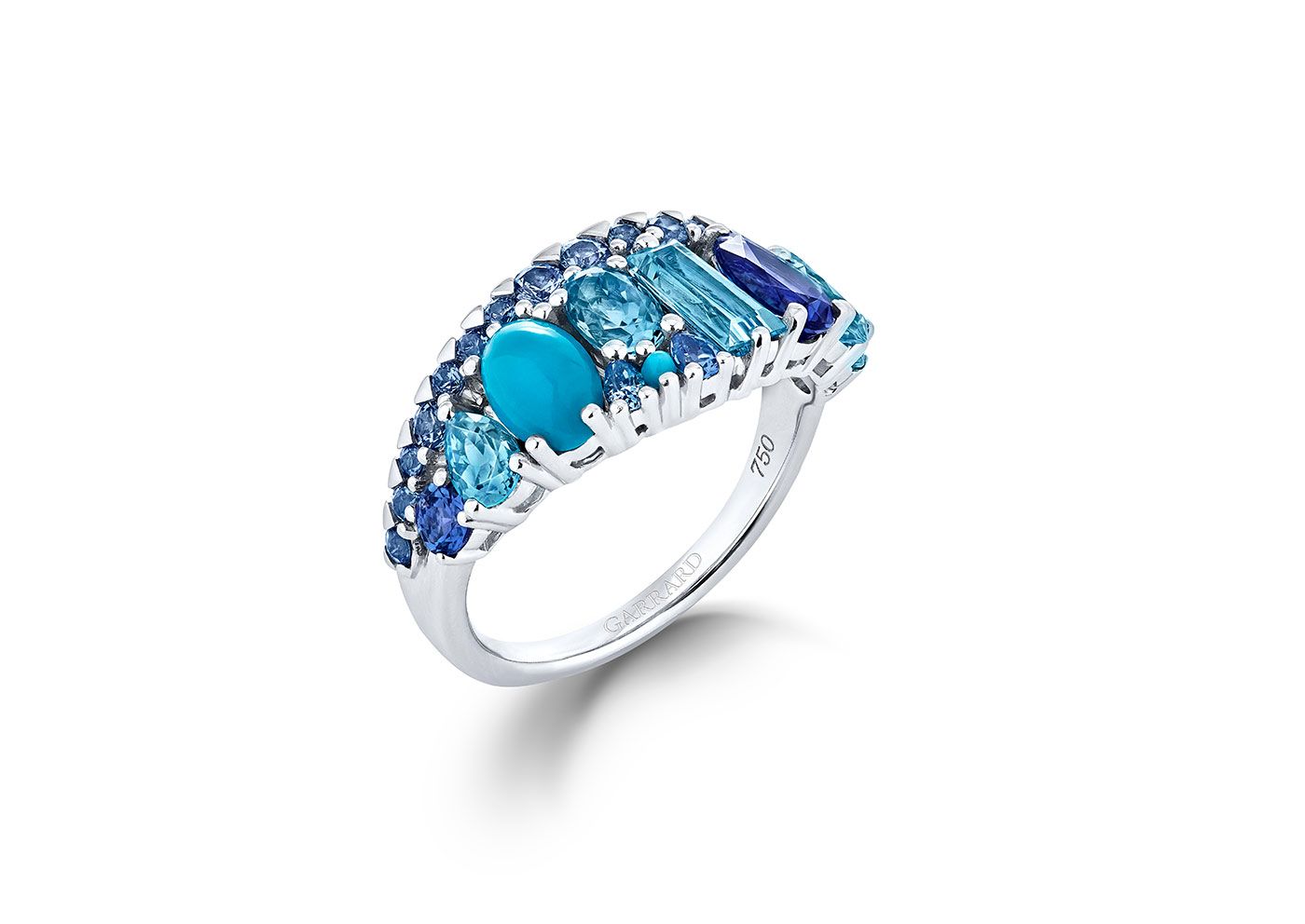  Garrard Blaze band ring with blue sapphire, tanzanite, aquamarine, blue topaz and turquoise in 18k white gold