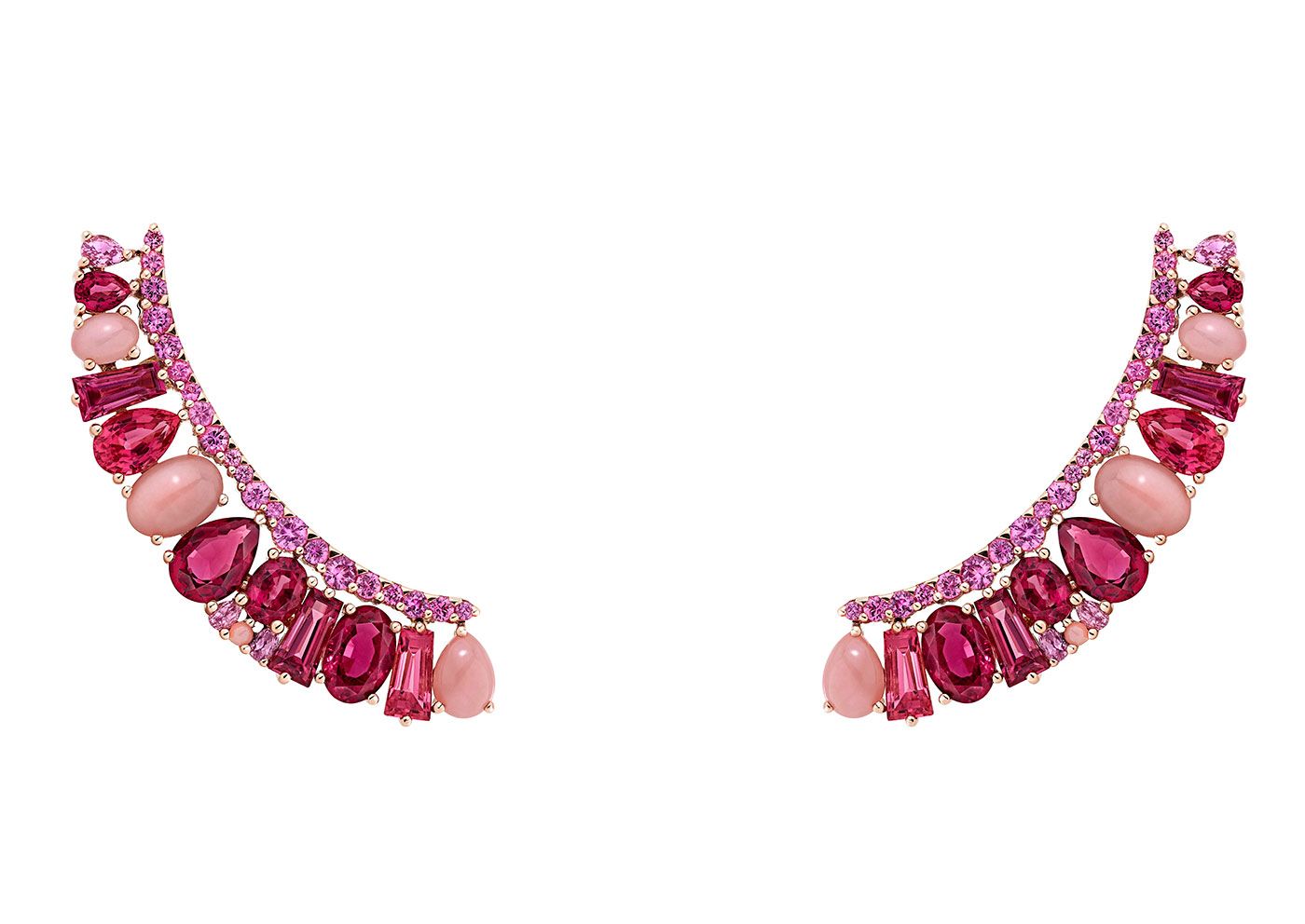  Garrard Blaze ear climbers with pink sapphire, rubellite and pink opal in 18k rose gold 