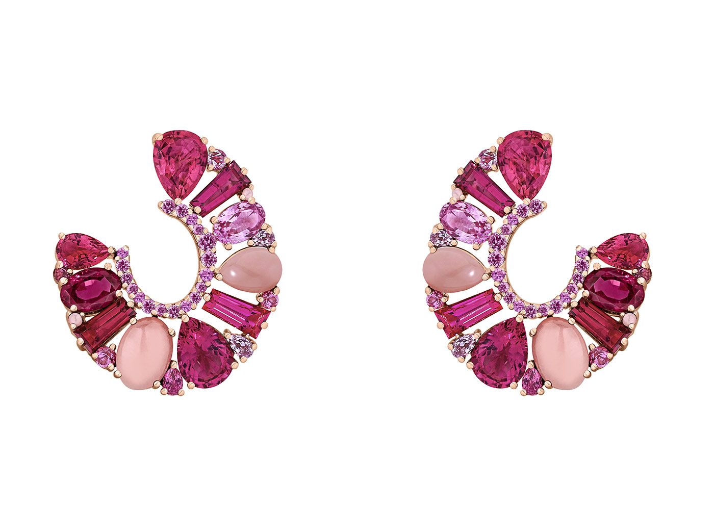  Garrard Blaze hoop earrings with pink sapphire, rubellite and pink opal in 18k rose gold 
