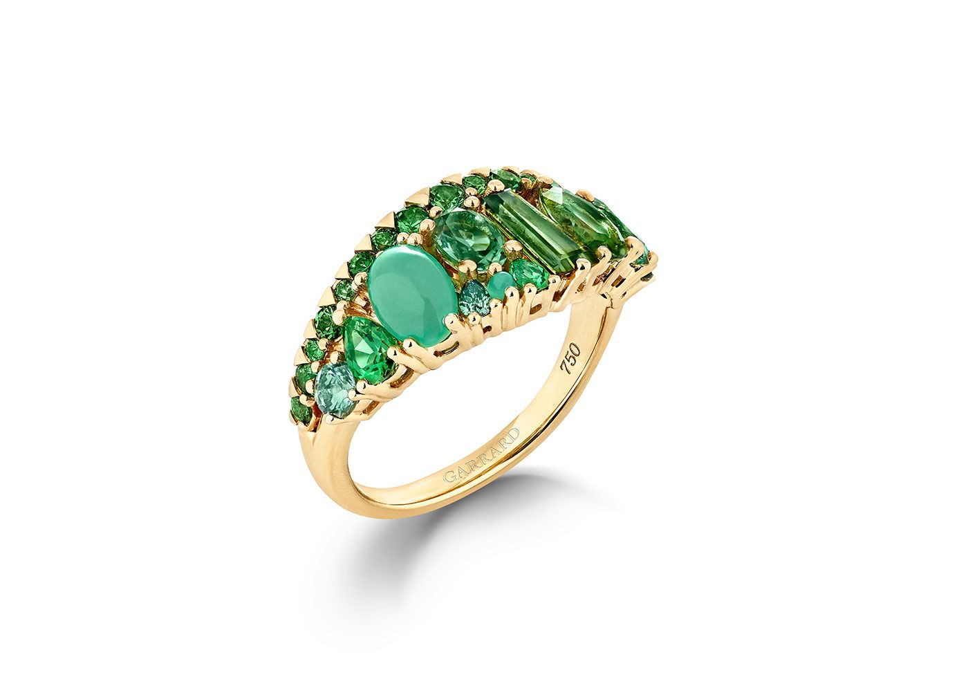  Garrard Blaze band ring with green sapphire, tourmaline, tsavorite and chrysoprase in 18k yellow gold 