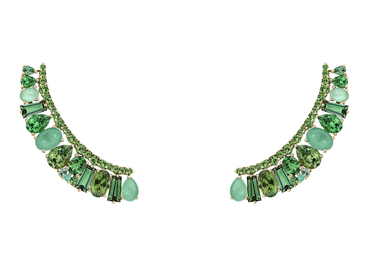  Garrard Blaze ear climbers with green sapphire, tourmaline, tsavorite and chrysoprase in 18k yellow gold 