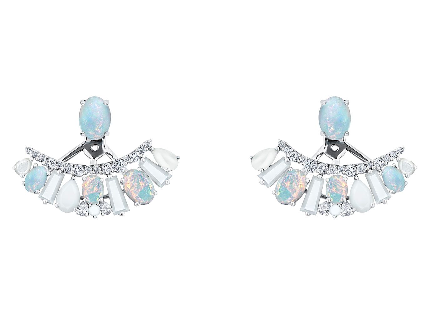 Garrard Blaze ear jackets with diamonds, opal, agate and mother of pearl in 18k white gold 