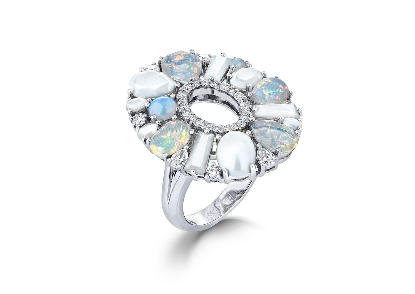  Garrard Blaze ring with diamonds, opal, agate and mother of pearl in 18k white gold 