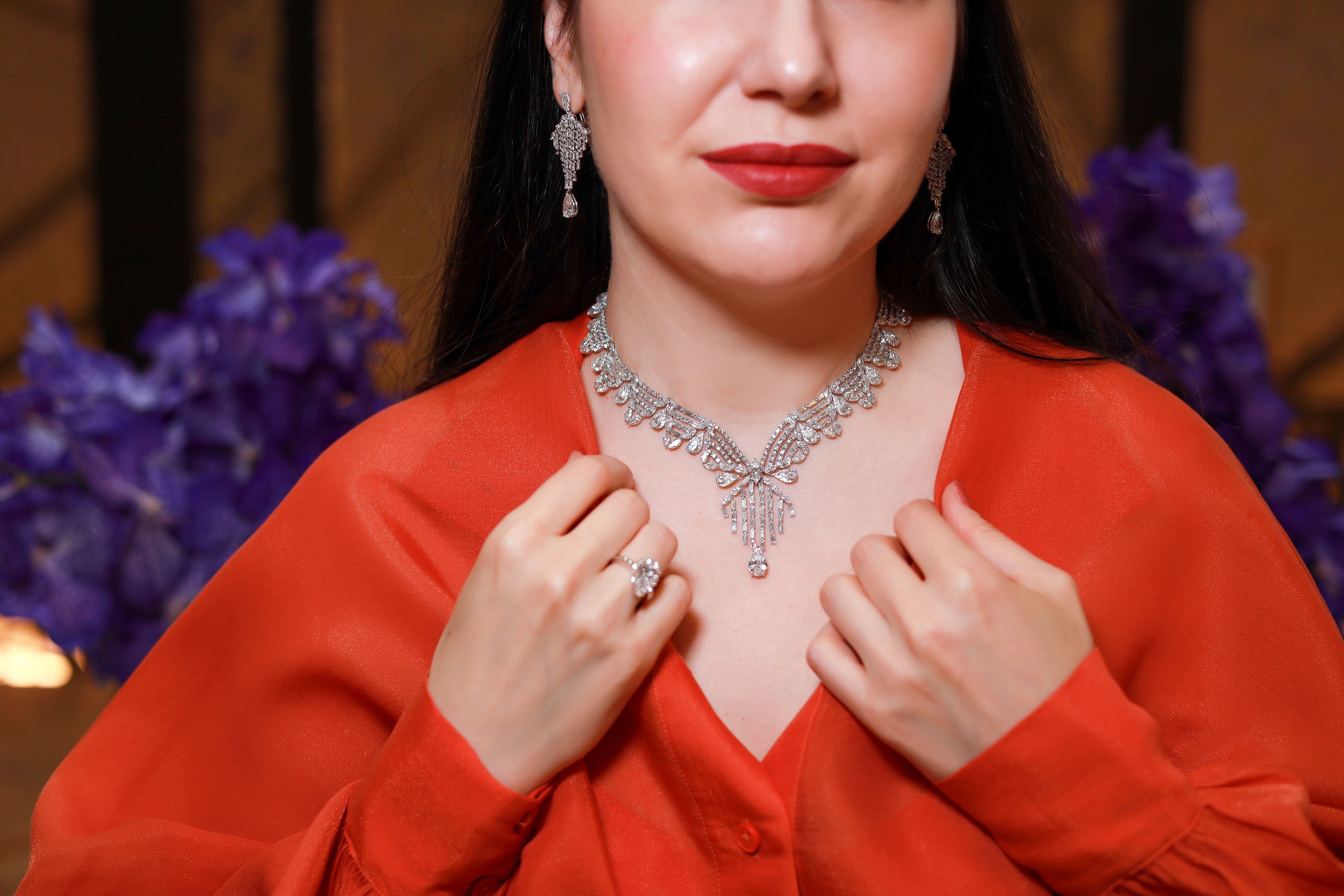  Katerina Perez wears the Marco Valente Waterfall necklace without its detachable diamond drop