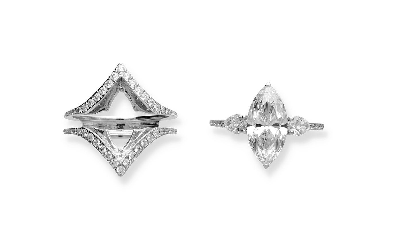  Marco Valente engagement ring with a 2.51 carat marquise-cut diamond and a separate diamond-set jacket