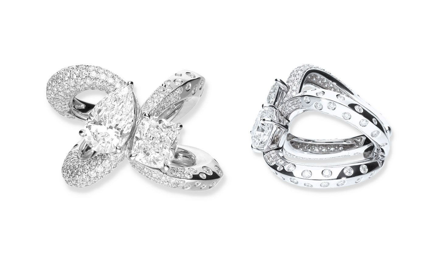  Marco Valente Embrace ring with a 2.01 carat pear-shaped diamond and a 2.03 carat cushion-shaped diamond