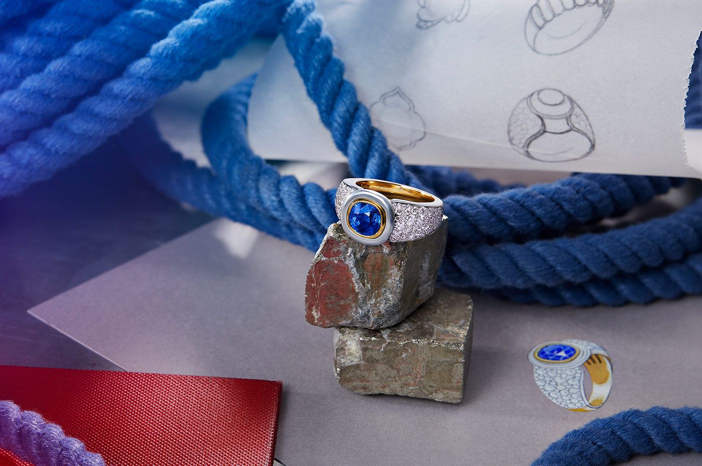 Pragnell Her Majesty's Platinum Jubilee Collection 10th Anniversary ring with a 2.99 carat cushion-cut unheated Burmese sapphire and Cornish tin