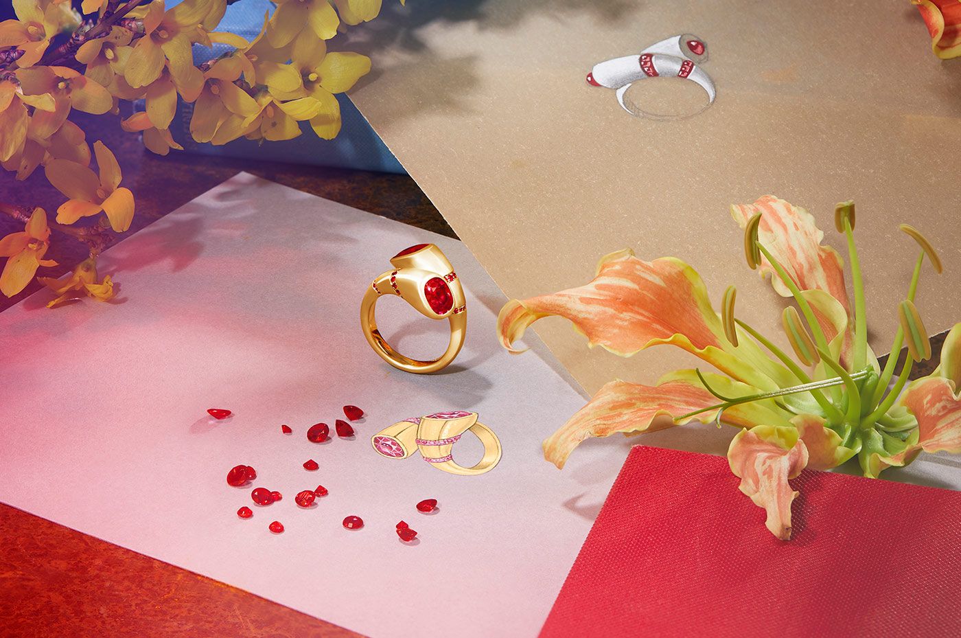  Pragnell Her Majesty's Platinum Jubilee Collection 40th Anniversary ring with unheated Burmese cushion-cut rubies of 4.47 carats in 18k yellow gold 