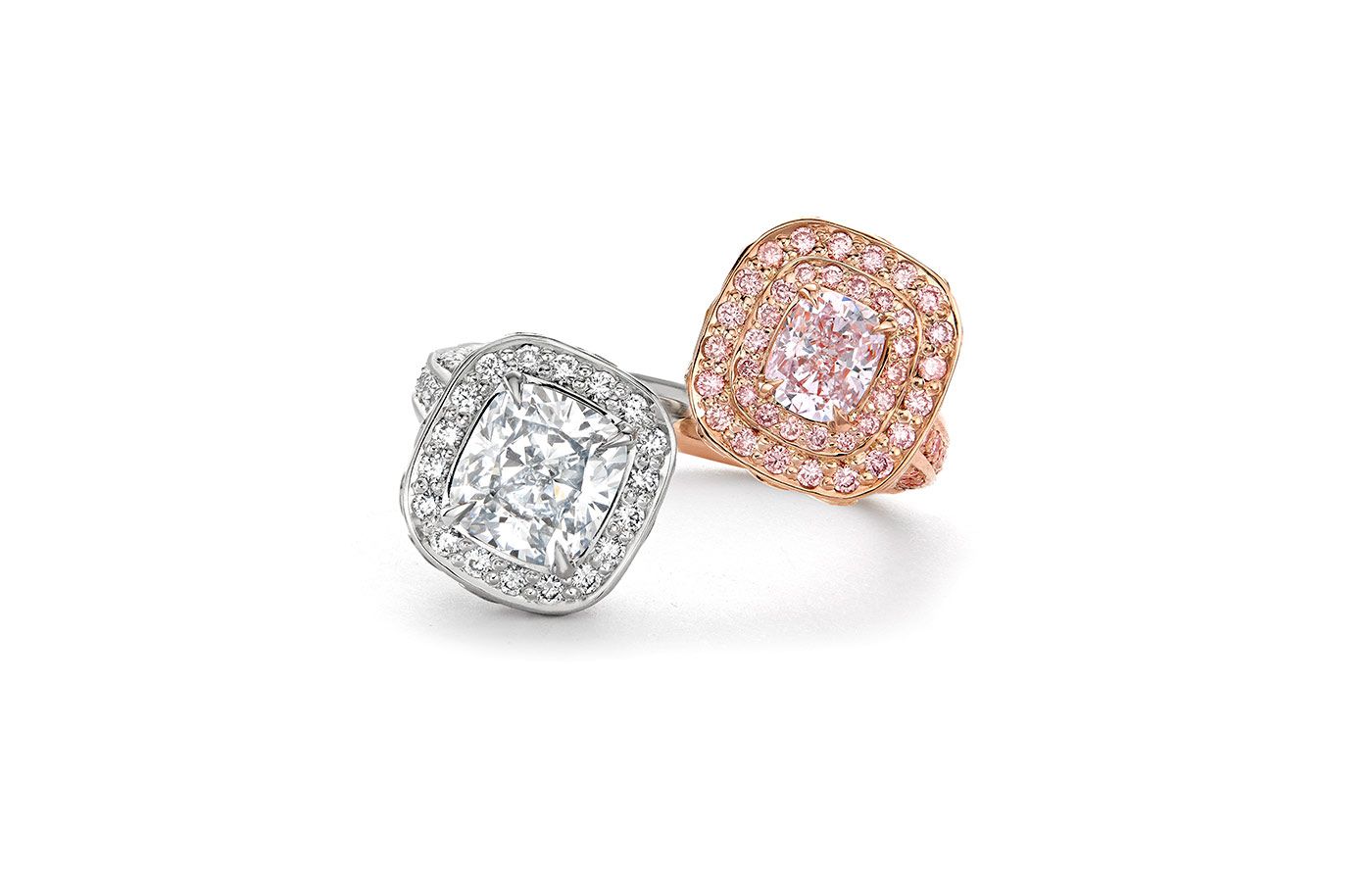  Boodles Peace of Mined colourless diamond and pink diamond rings 
