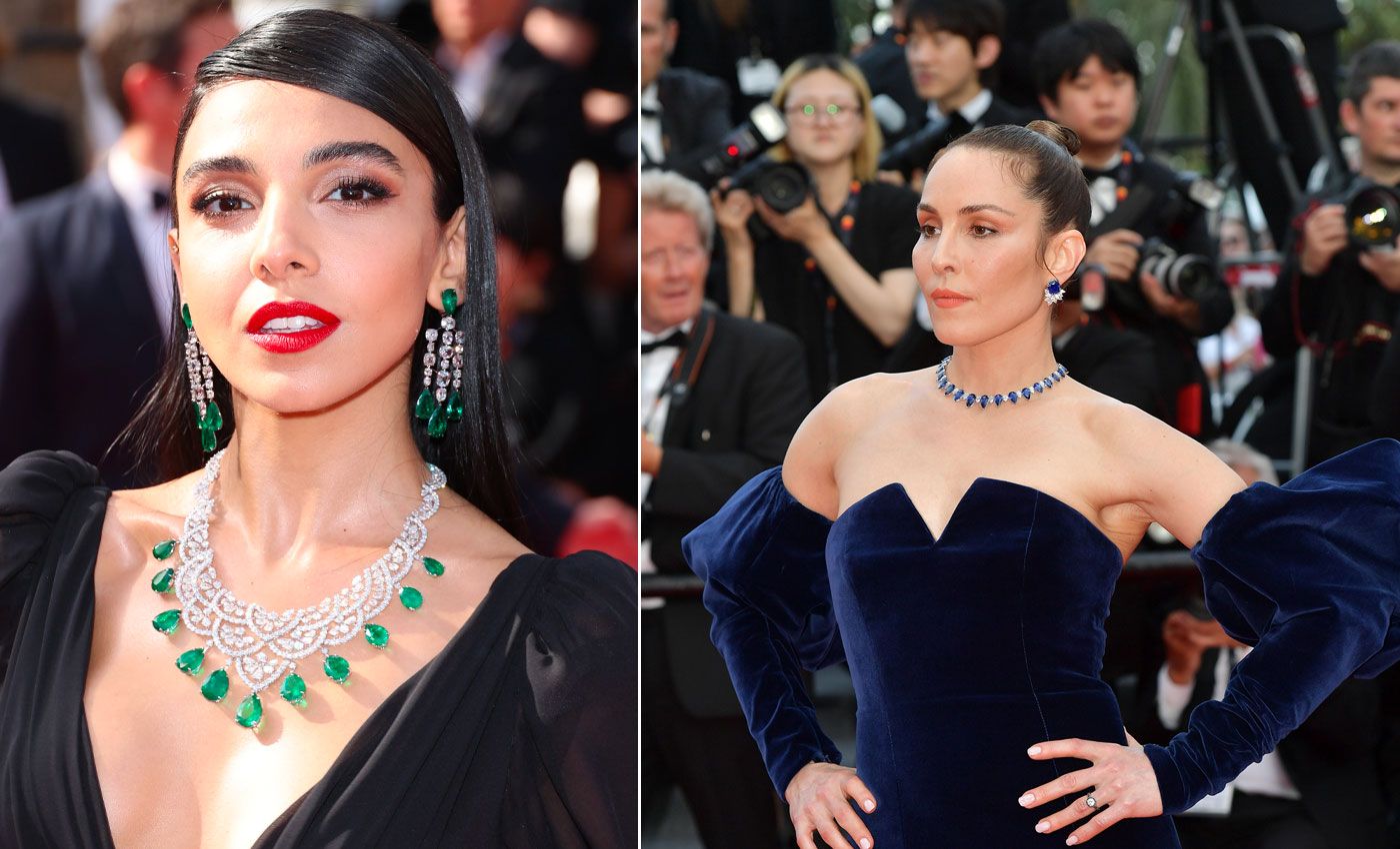  From left to right: Rebecca Hallo wearing a Chopard emerald and diamond suite and Noomi Rapace in sapphires and diamonds, also by Chopard