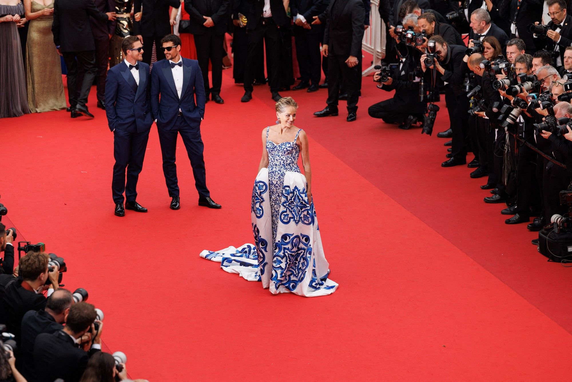 Sharon Stone in a Dolce & Gabbana dress and Chopard sapphire earrings at the Cannes Film Festival 2022