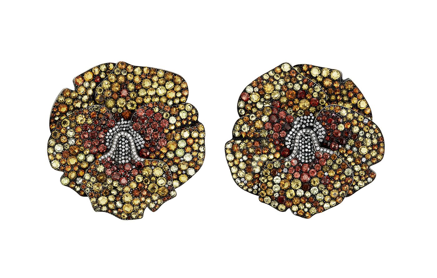 JAR citrine, garnet and diamond Pansy brooches in silver and 18k yellow gold (1988), to be sold by Christie’s New York in June 2022