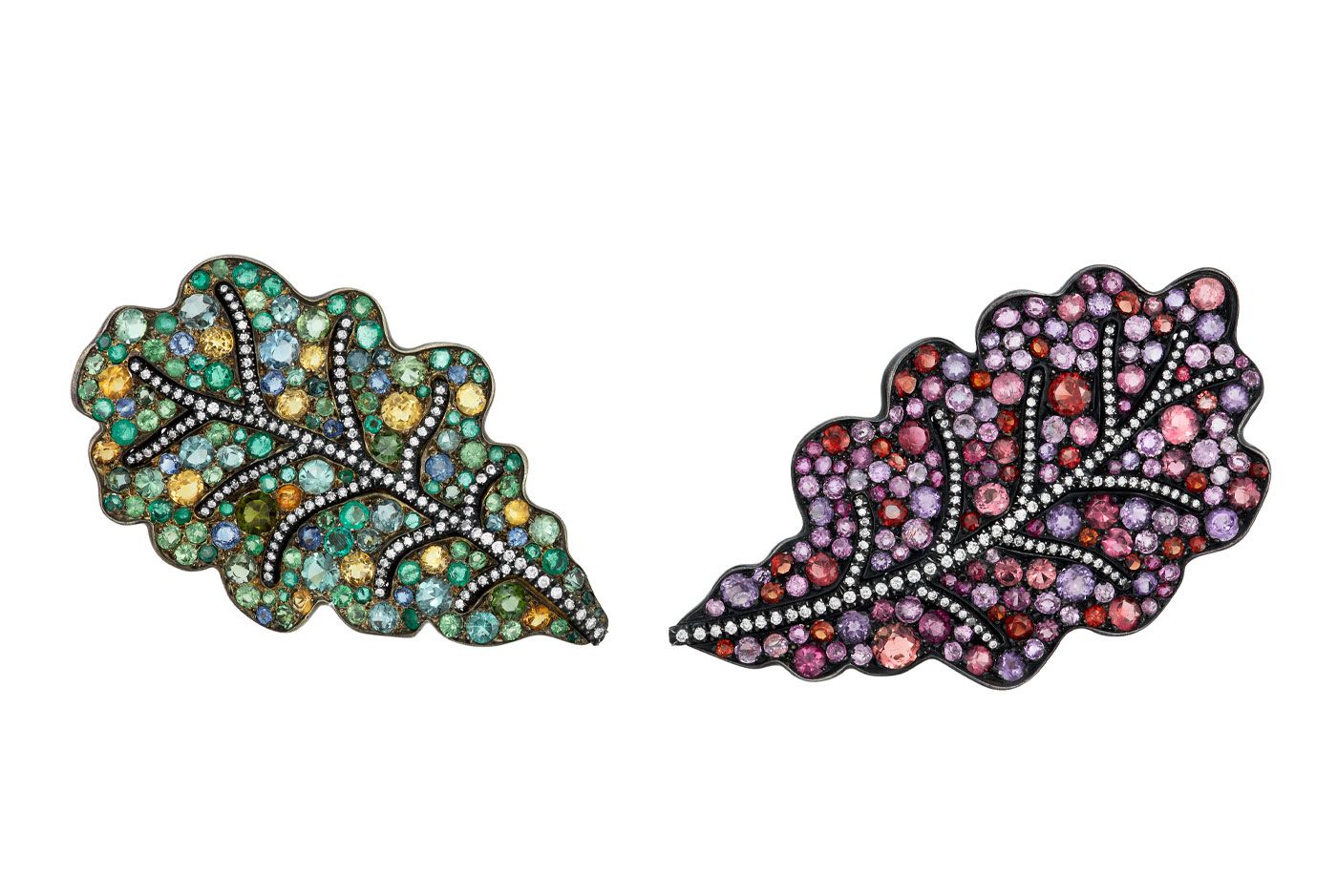 JAR Oak Leaf earrings with pink and green tourmalines, garnets, amethysts, sapphires, emeralds and diamonds in silver and 18k yellow gold (1988), to be sold by Christie’s New York in June 2022