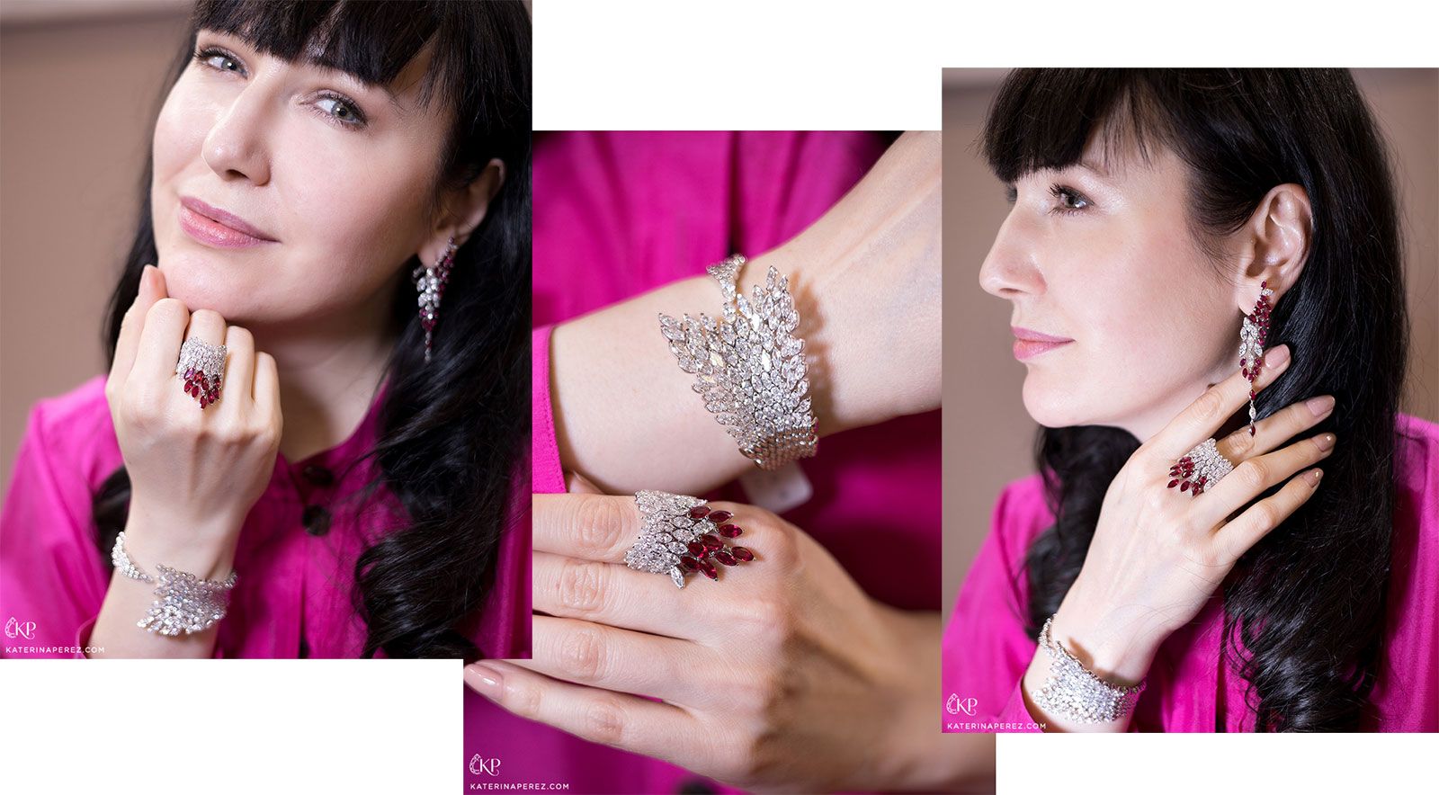 Katerina Perez wears a bracelet, ring and earrings from the Luvor Angelo collection with diamonds and rubies