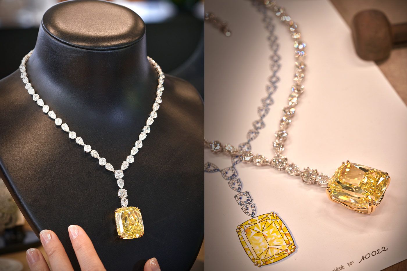  Fairmined-certified ethical 18-carat white and yellow gold adorned with a rare central yellow diamond weighting over 100 carats and set with pear-shaped and cushion-shaped diamonds totalling 54.67 carats