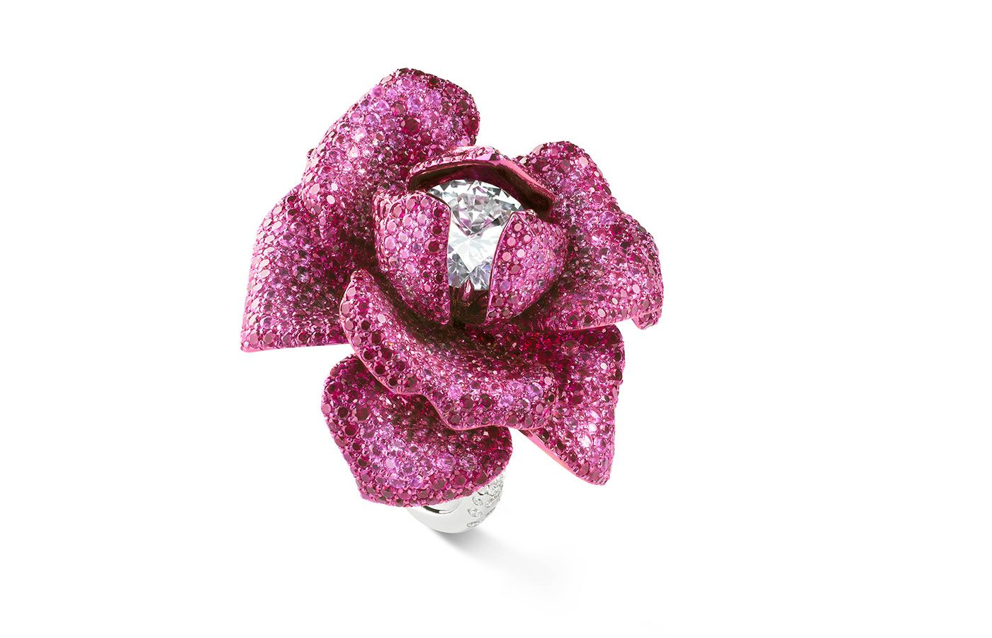  Chopard's Red Carpet collection rose ring with rubies and a diamond in the centre