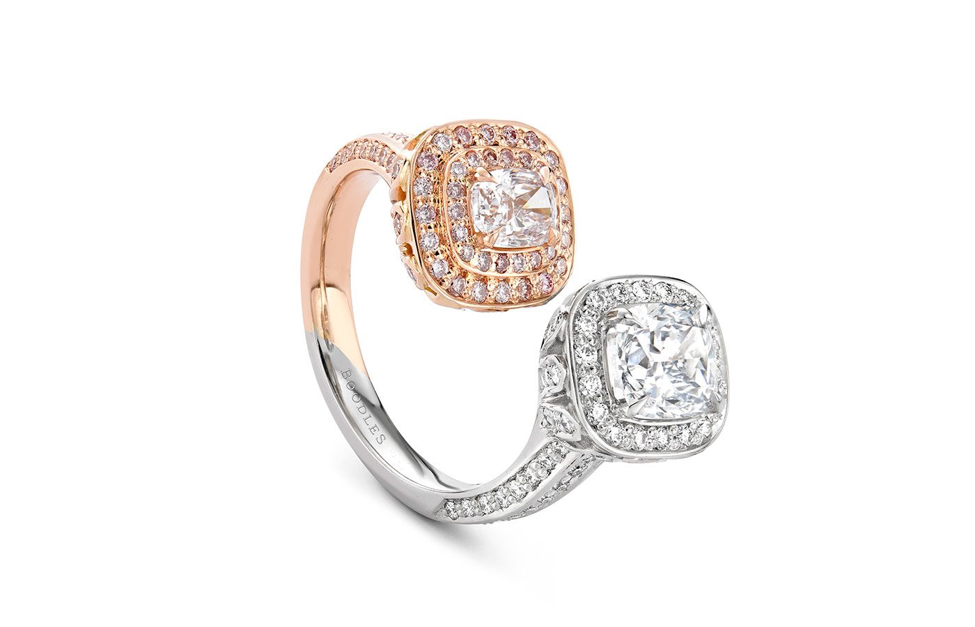  Boodles A Peace of Mined design ring set with cushion shape blue and pink diamonds in platinum and 18 carat SMO rose gold