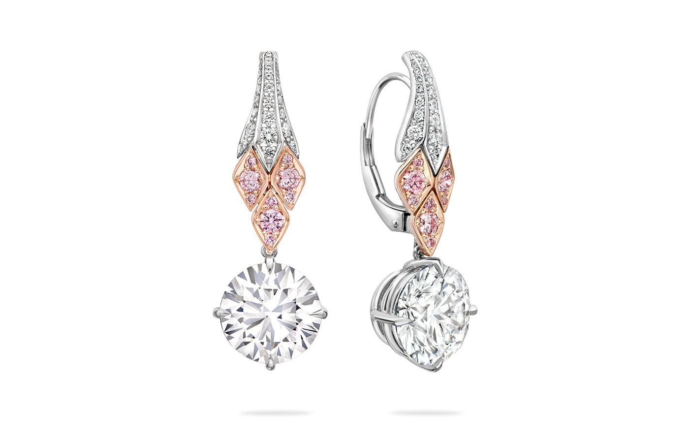 Boodles A pair of Peace of Mined design drop earrings set with brilliant cut diamonds in platinum and 18 carat SMO rose gold