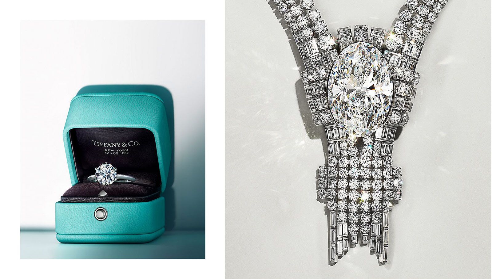 From left to right: A Tiffany & Co. engagement ring featuring the Tiffany setting and a diamond necklace with a Type IIa oval-shaped diamond of more than 80 carats 
