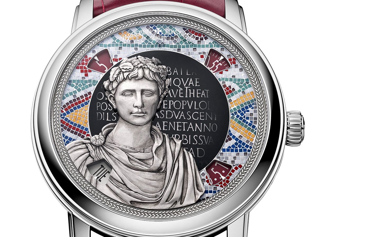  Vacheron Constantin Métiers d’Art Buste d’Auguste watch dial made with hand-engraved gold frieze, enamel, stone micro-mosaic, metallisation, sapphire crystal, hand-engraved white gold applique and patina, from the Tribute to Great Civilisations collection