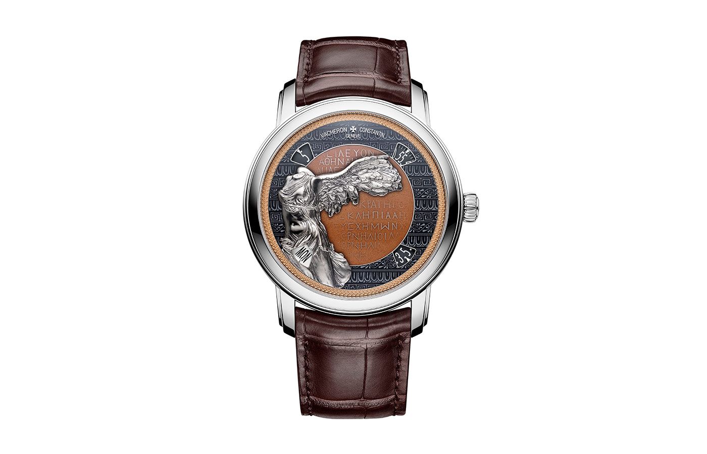 Vacheron Constantin Métiers d’Art Victoire de Samothrace watch dial made with hand-engraved gold frieze, grisaille enamel, metallisation, sapphire crystal, hand-engraved white gold applique and patina, from the Tribute to Great Civilisations collection
