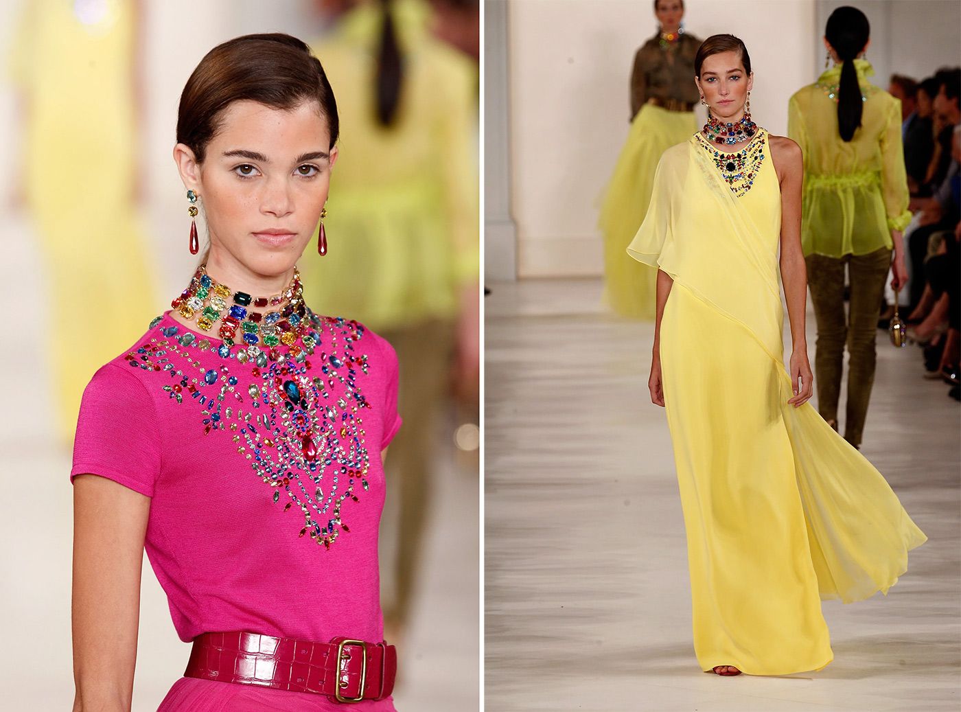 Multi-coloured necklaces on the catwalk at Ralph Lauren for SS 2015