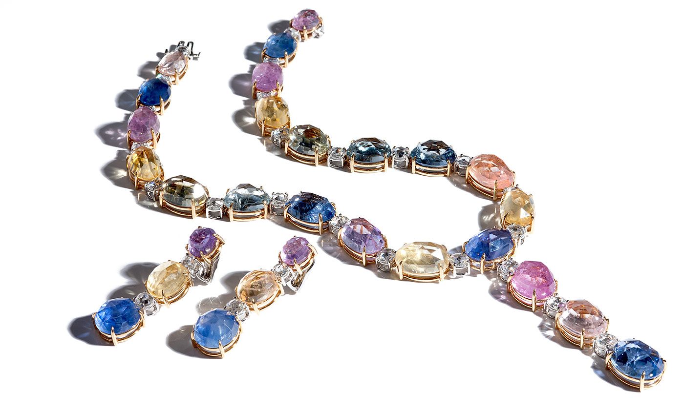 BAYCO necklace with 19 unheated rose-cut sapphires totalling over 294 carats and over 11 carats of rose-cut diamonds, alongside a pair of matching earrings
