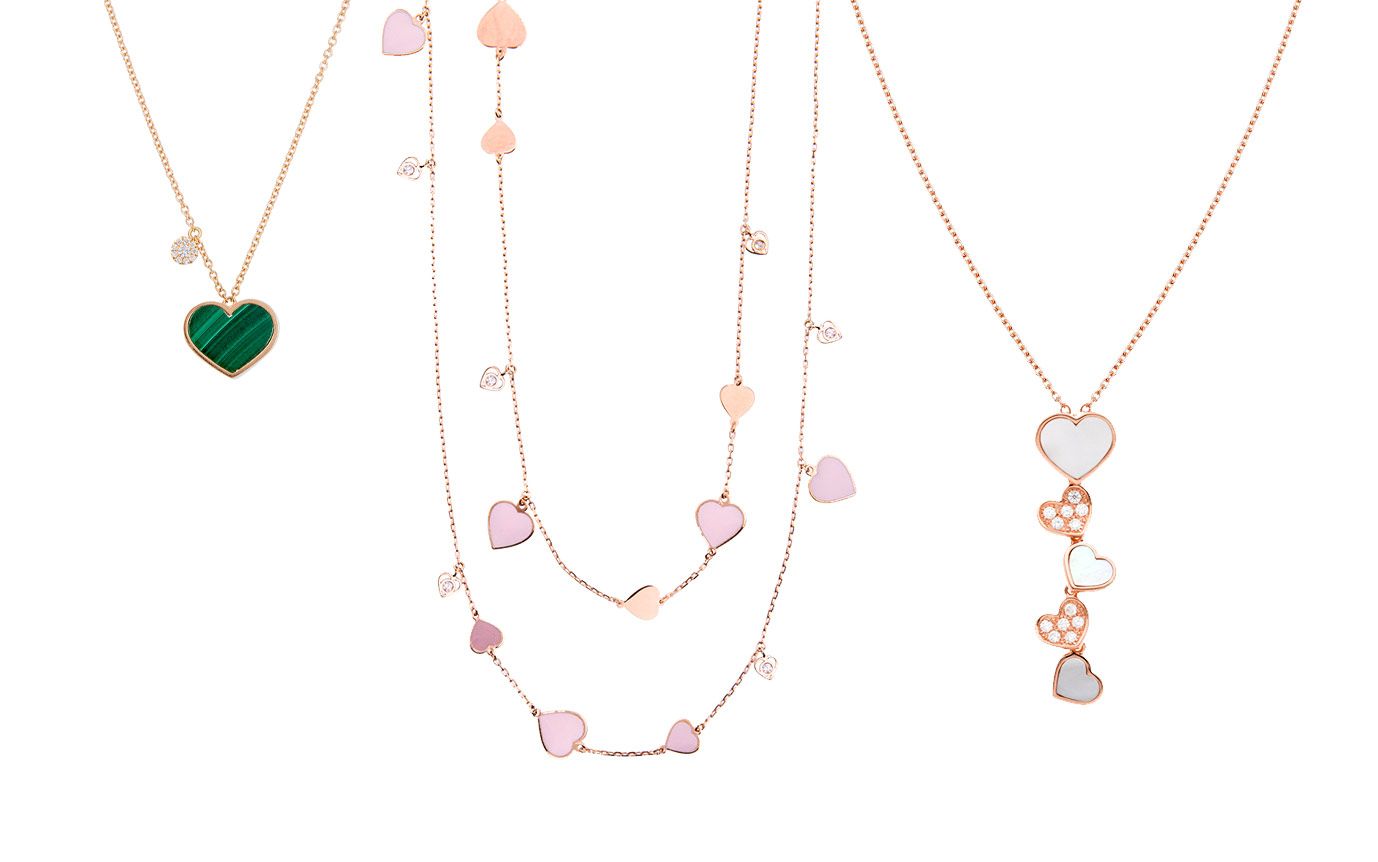  Cesare Pompanon Amore Nana collection necklaces and pendants with mother of pearl, malachite and pink enamel