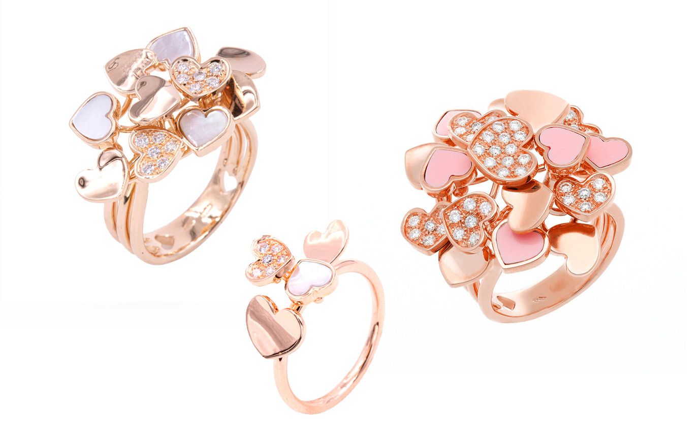  Cesare Pompanon Amore Nana rings with coral, mother of pearl and diamonds in rose gold
