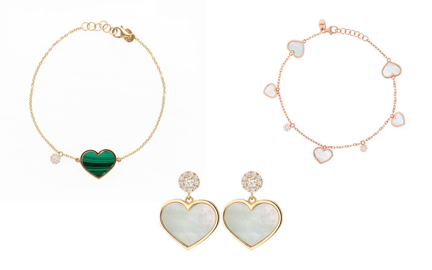  Cesare Pompanon Amore Nana heart-shaped earrings and bracelets with hardstones and diamonds in yellow and rose gold 