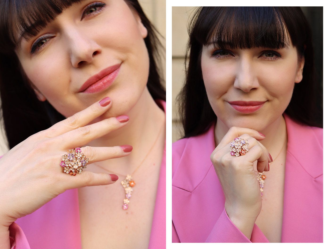 Katerina Perez wears the Cesare Pompanon Primavera Multi Flower ring and necklace with sapphires and diamonds in rose gold 