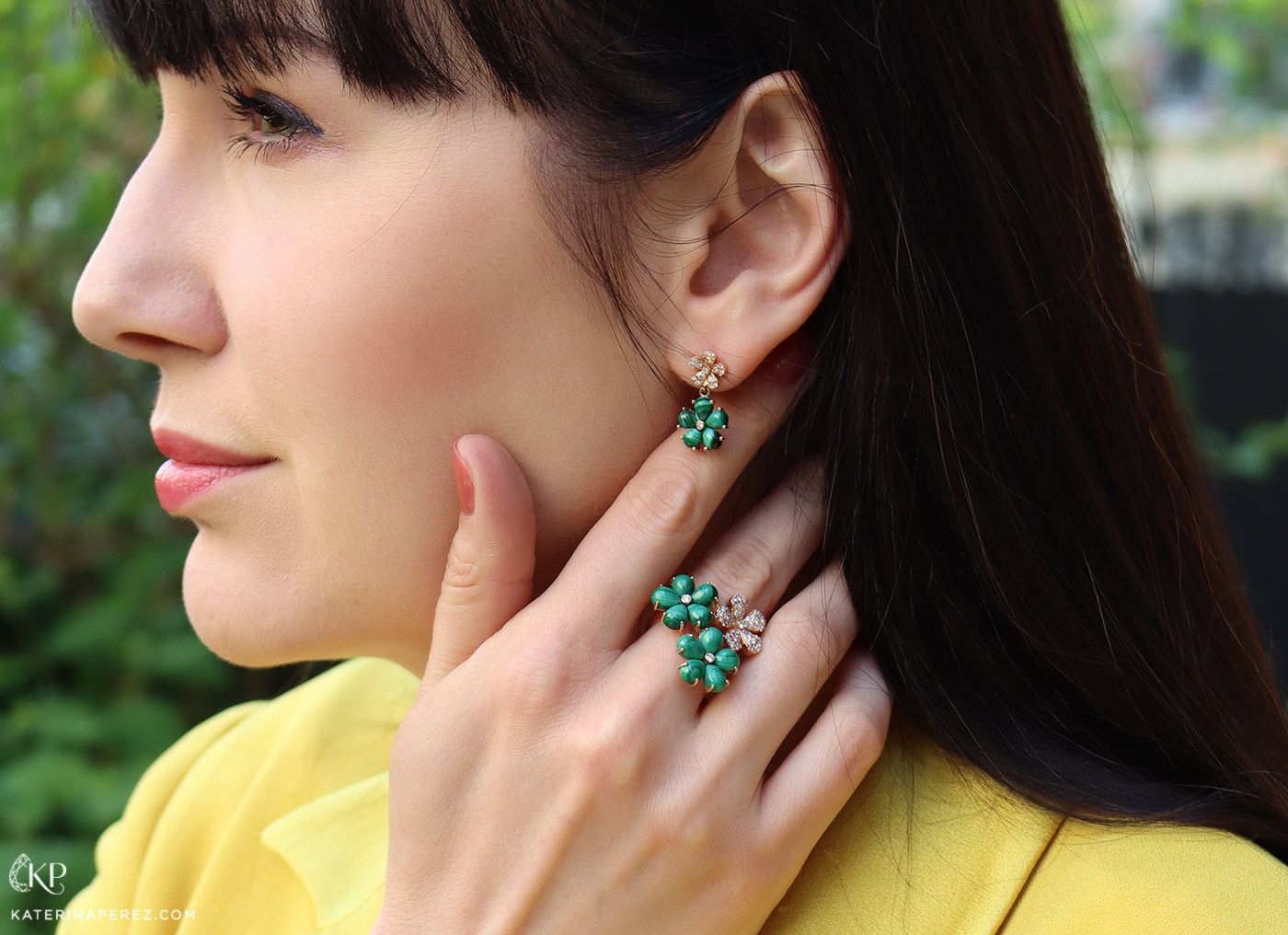 Cesare Pompanon Primavera Trio ring and Duo earrings with malachite and diamonds in rose gold