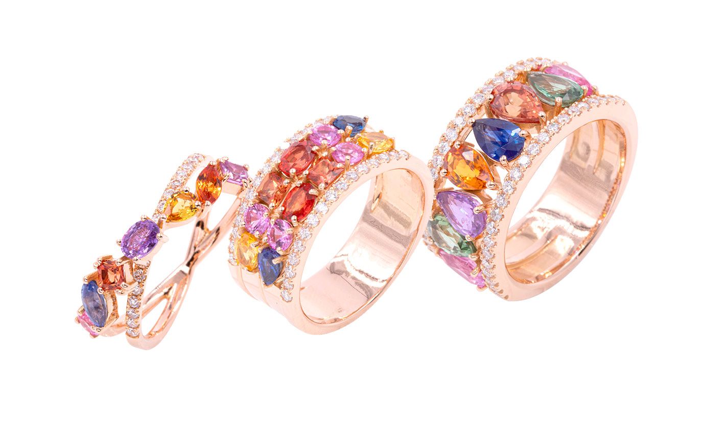 Cesare Pompanon Tutti Frutti collection rings with sapphires and diamonds in rose gold