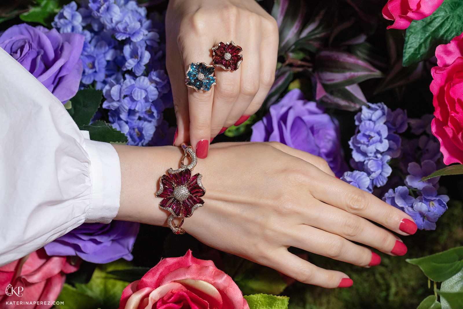 Mademoiselle by Bellarri millennium-cut rhodolite garnet and topaz bracelet and rings