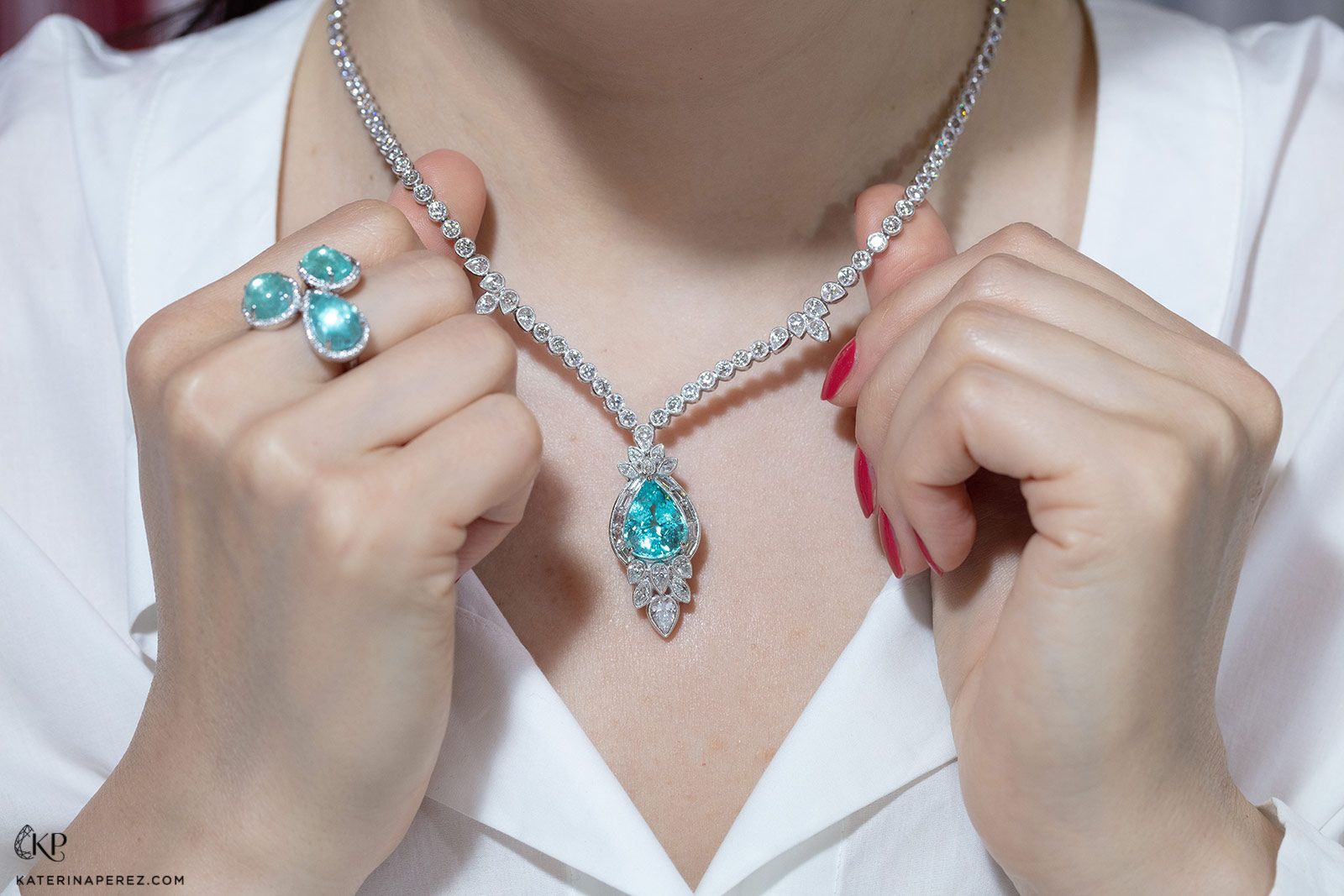Yael Designs Paraiba-like tourmaline necklace and ring with colourless diamonds, set in white gold