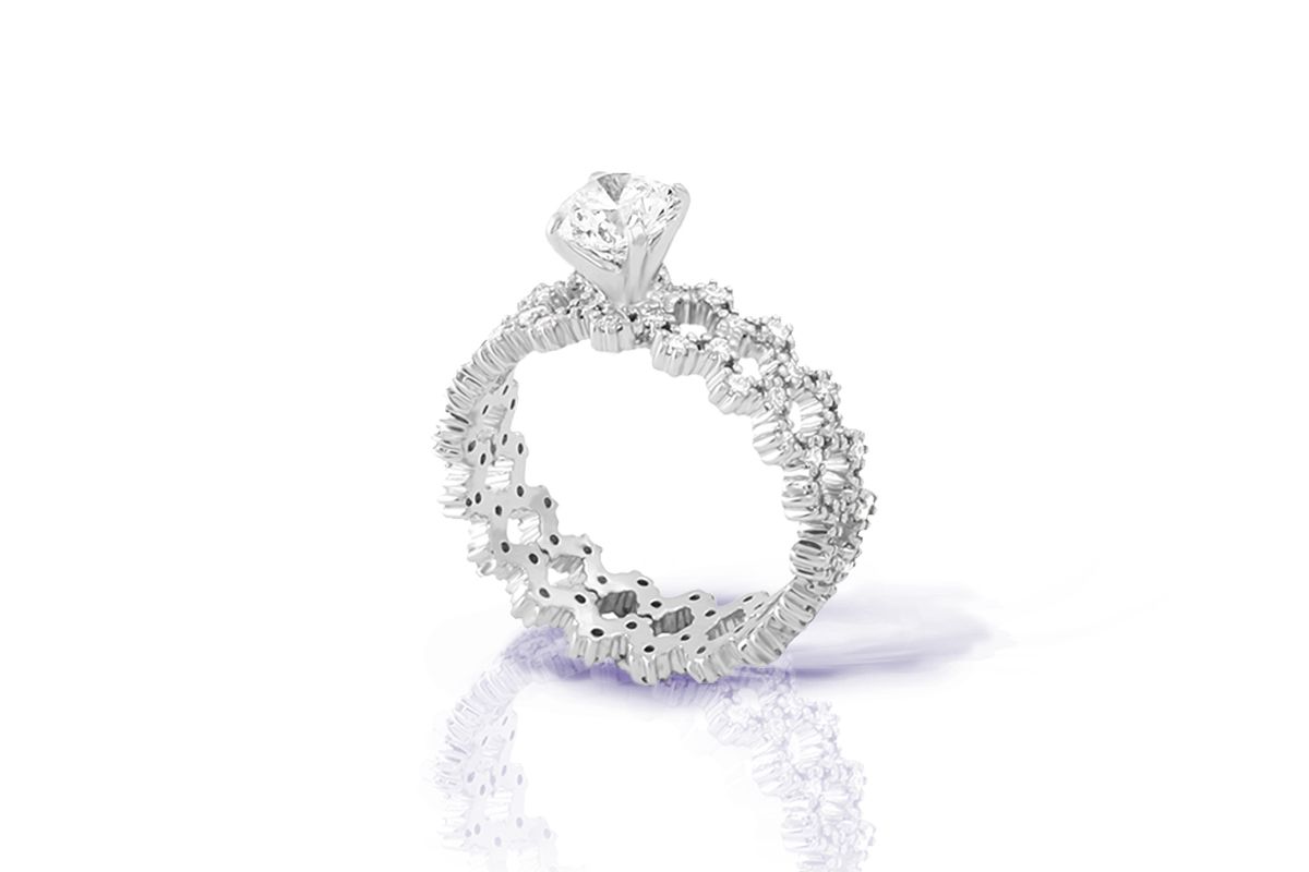  Stackable diamond-set Harmony ring with a round brilliant-cut diamond solitaire from the signature Maison Mirath collection