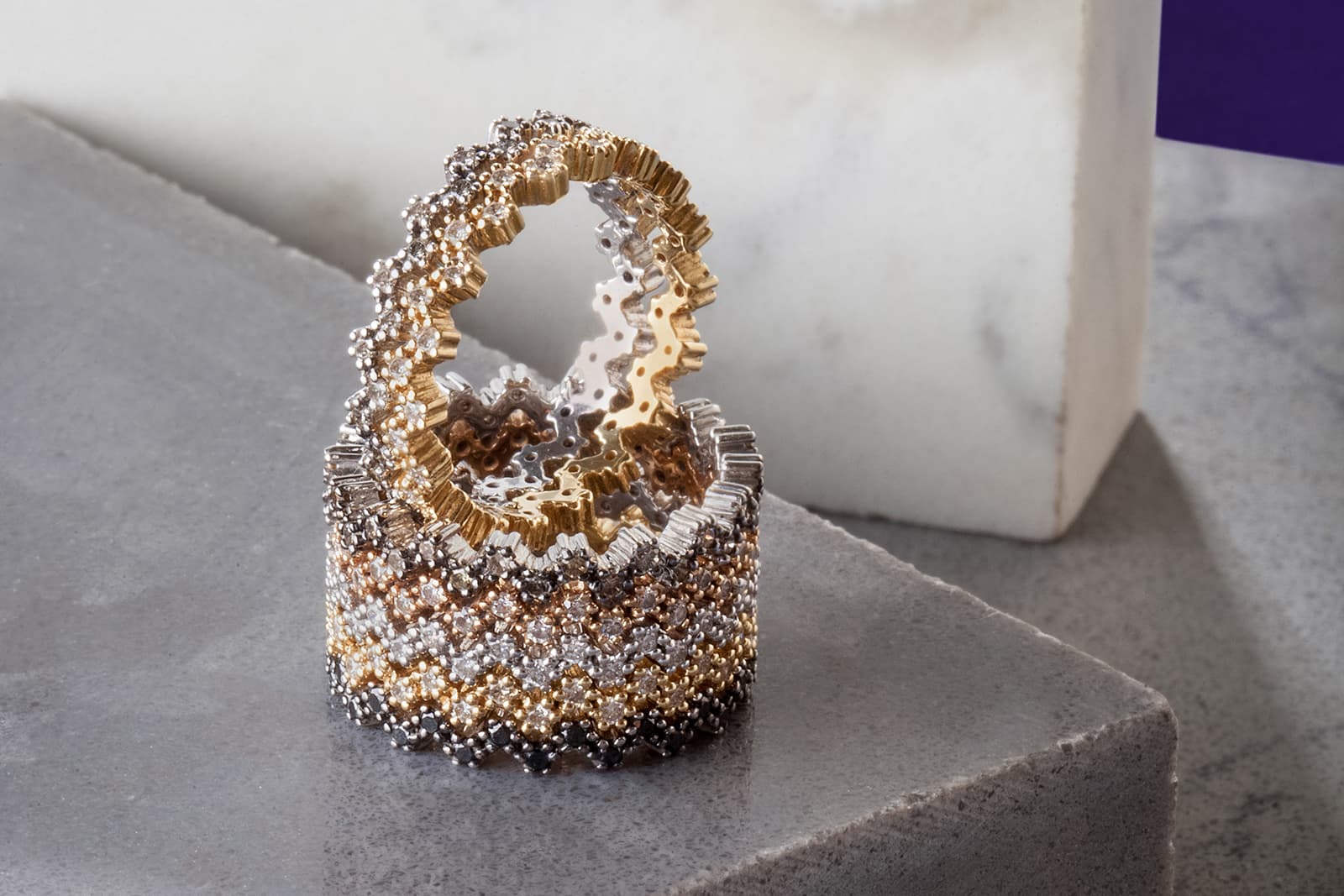 Rings from the Maison Mirath signature stackable Harmony collection