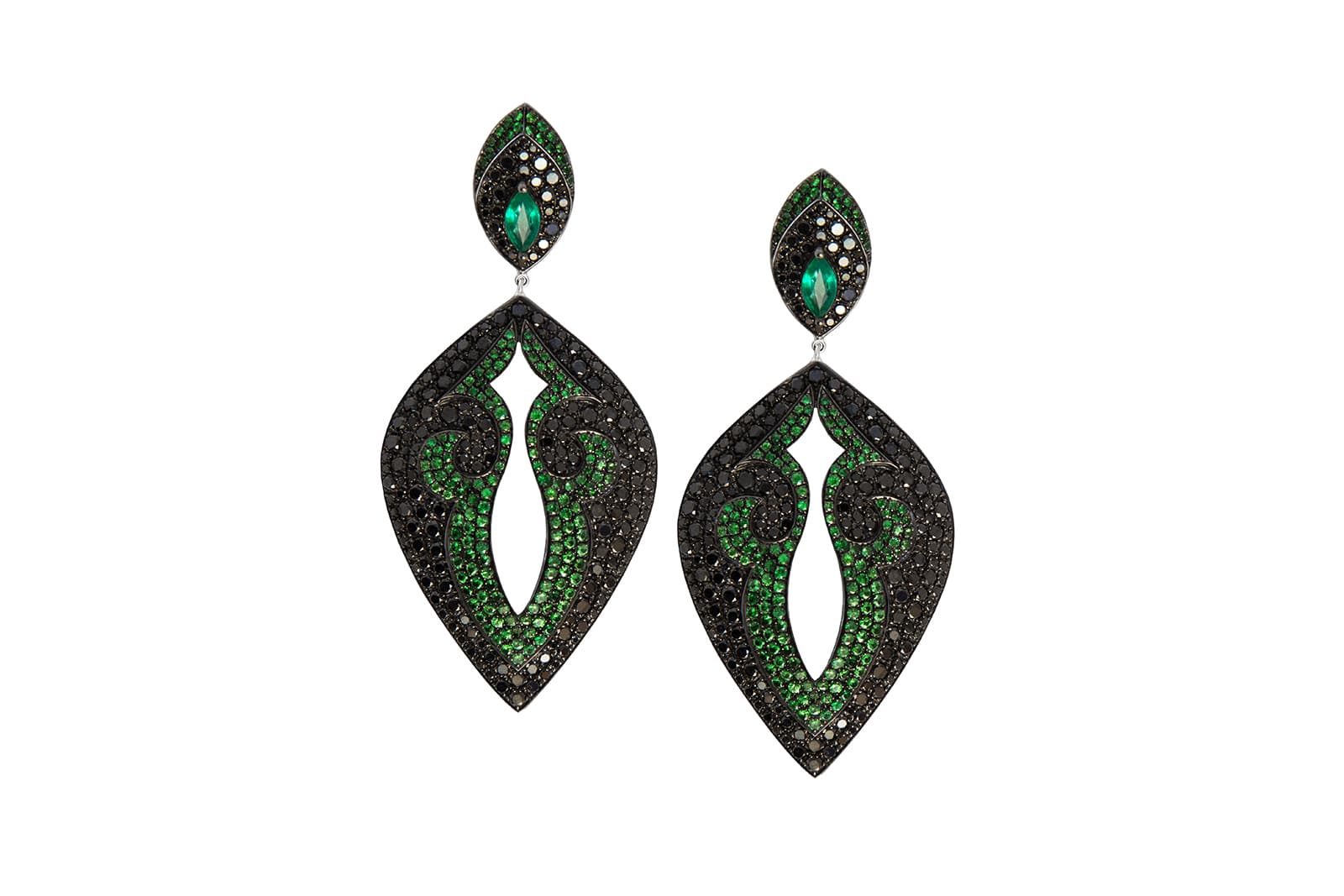  Maison Mirath Anchor collection earrings with marquise-shaped emeralds, black diamond and tsavorites set in 18k white gold