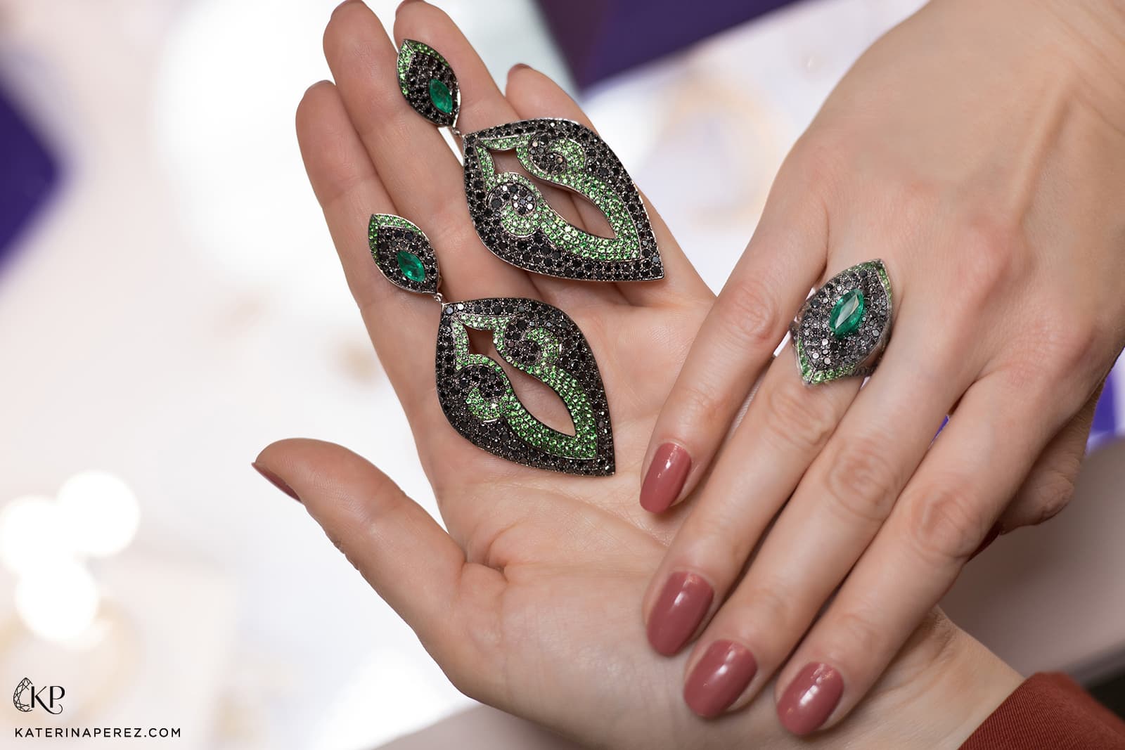  Maison Mirath Anchor earrings with marquise-shaped emeralds, black diamond and tsavorites in 18k white gold