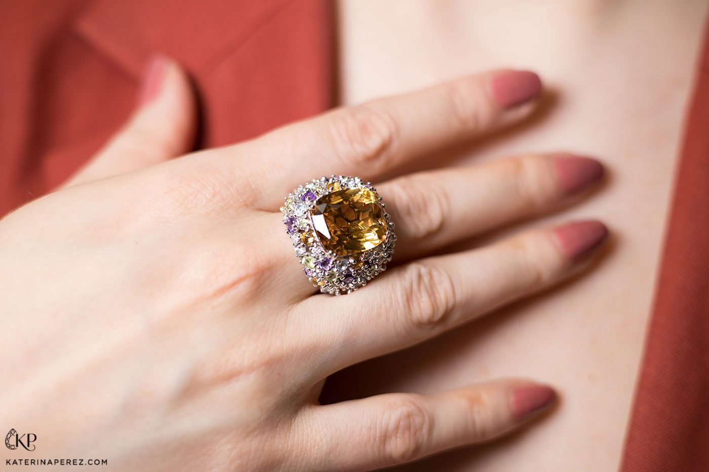  Maison Mirath Aura ring with a 12.12 carat citrine surrounded by diamonds, amethysts, citrines, aquamarines and peridots