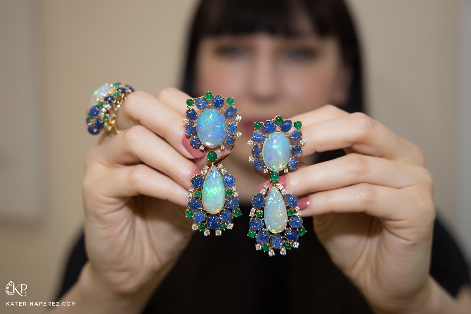  Veschetti Luna earrings with opals, emeralds, diamonds and carved Burmese sapphires 