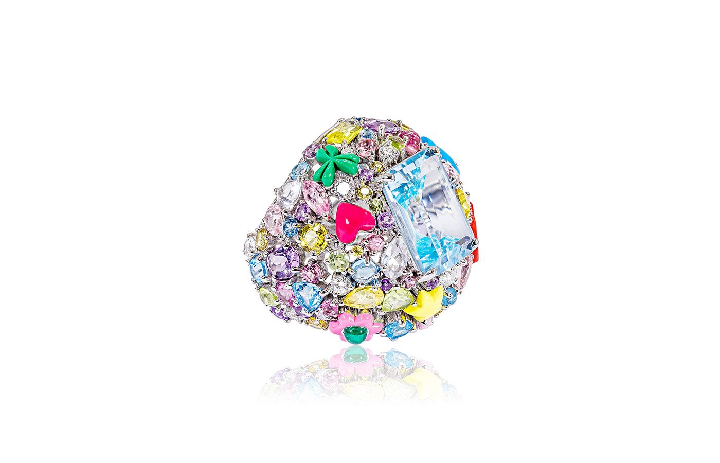 Aisha Baker Bubblegum ring in white gold, diamonds, yellow sapphires, pink tourmaline, amethyst, topaz and lucky charms