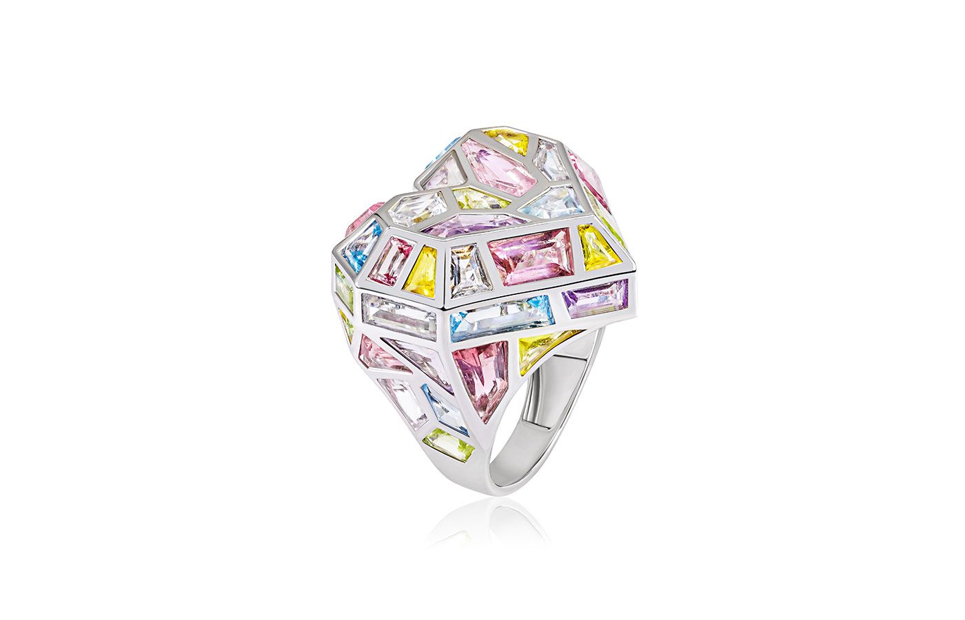  Aisha Baker First Love ring in white gold, hand-cut sapphire, tourmaline, multicolour topaz, peridot and amethyst