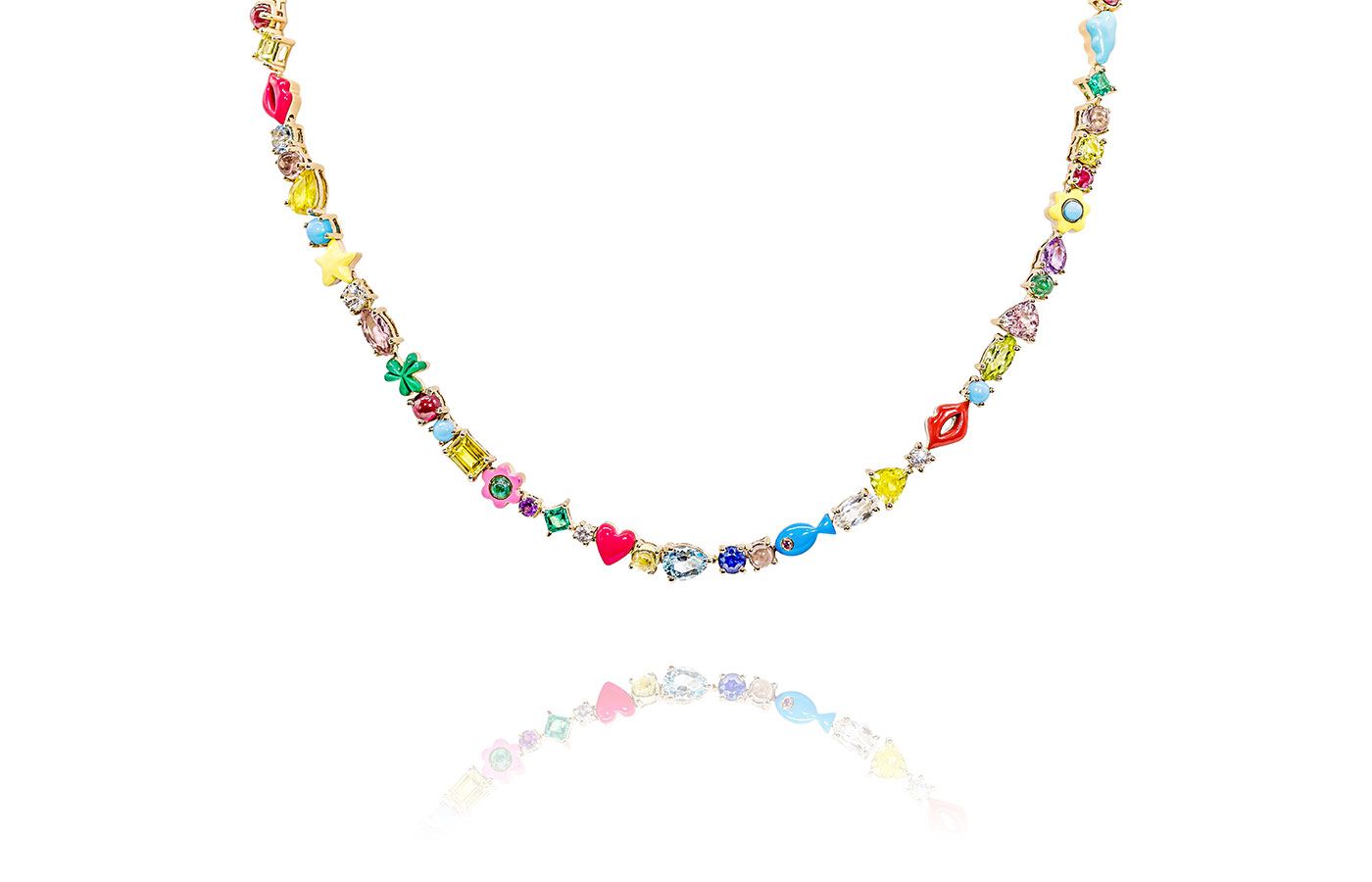 Aisha Baker Sugar Crush Necklace in gold, multicolour sapphire, ruby, emerald, tourmaline, multicolour topaz, amethyst, peridot, turquoise and enamel