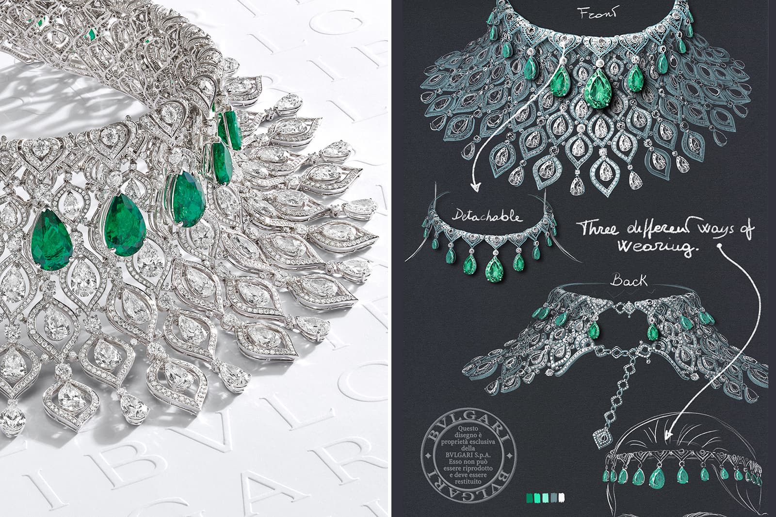  Comparing the sketch of the Bulgari Emerald Glory necklace to the finished high jewellery creation, which now appears in the Eden The Garden of Wonders High Jewellery collection