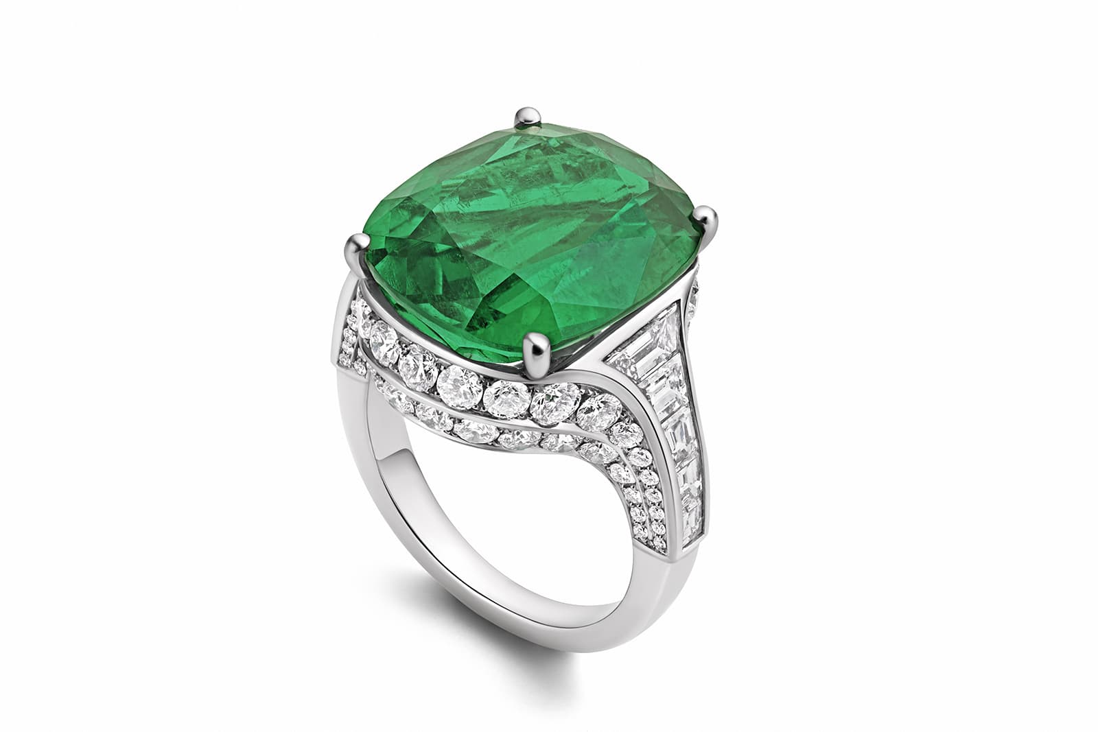  Bulgari Emerald Ode ring with an antique 11.38 carat cushion-cut Colombian emerald and diamonds